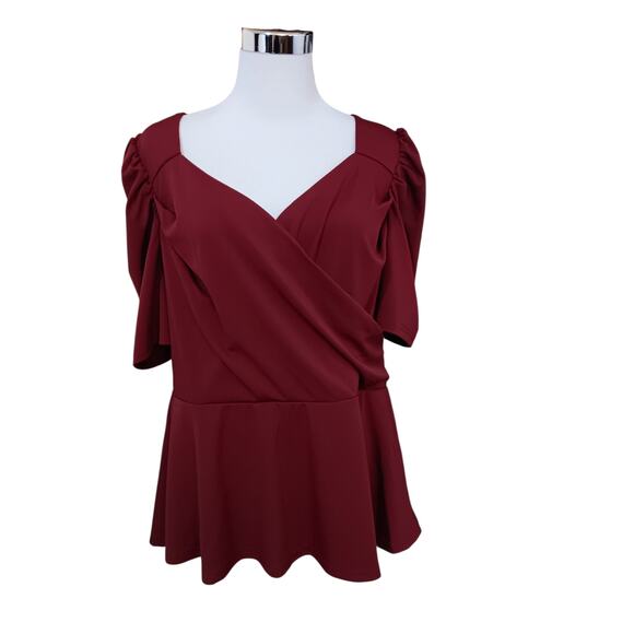 NEW GRACE KARIN Blouse Top 2X-SNUG FIT-See pic Faux Wrap Burgundy Peplum Career - Picture 3 of 8